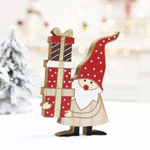 Charming wooden Santa Claus Christmas ornament with gift boxes in a warm holiday scene
