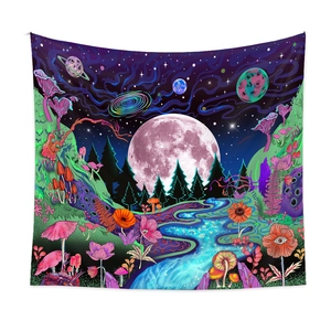 Psychedelic forest tapestry with starry night, neon mushrooms and crescent moon decor