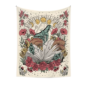 Detail of vintage bohemian tapestry with moths, mushrooms, roses and celestial moon symbols