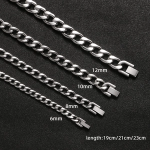 Silver Cuban link bracelets in various widths 6mm to 12mm on black background