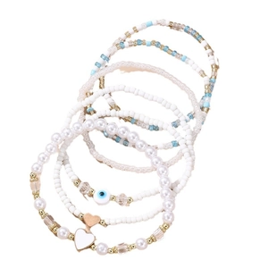 7-piece bohemian beaded bracelet set with evil eye charm and heart pendants in blue and white
