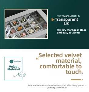 Detail of velvet jewelry box with clear top window and 15 storage compartments