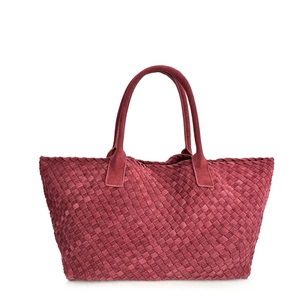 Handcrafted burgundy woven suede tote bag for women featuring a spacious top handle design