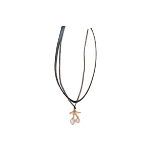 Double-layered cherry pendant necklace with heart-shaped zircon and black leather cord