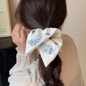 Embroidered Sea Theme Scrunchie Satin Velvet Bow Hair Tie For Women Elegant Elastic Hair Accessories Jellyfish Shell Design