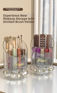 Close-up of a rotating makeup brush organizer with vertical stripes and gold Smile text