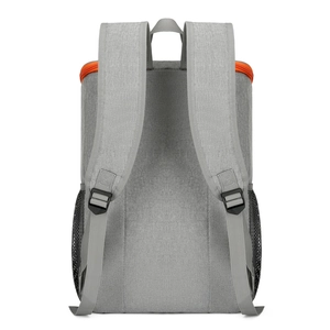 Gray outdoor insulated backpack with thick shoulder straps and mesh side pockets