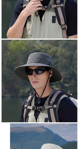 Detail of grey outdoor sun hat with wide brim and adjustable windproof cord for hiking