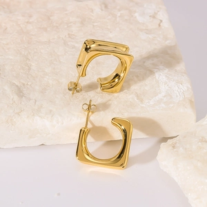 Geometric Square Hoop Stud Earrings 18K Gold Plated Stainless Steel Hollow C Shaped Minimalist Jewelry For Women