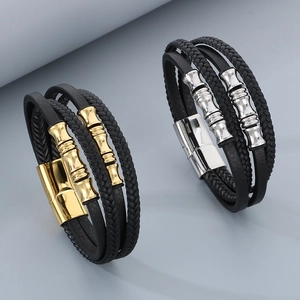 Multi-layer black leather bracelet with magnetic stainless steel clasp in gold and silver