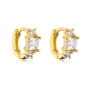 Polished 18K gold plated hoop earrings with square and round zircon stone inlay