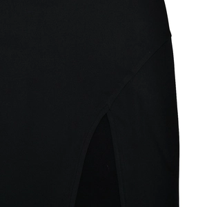 Detail shot of the side slit and fine fabric texture on a sexy black backless dress