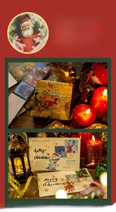 Detailed view of Christmas themed stationery set with festive red and green illustrations
