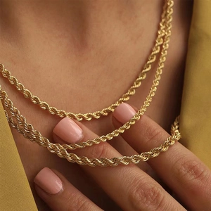 18K Gold Plated Rope Chain Necklace Stainless Steel Twisted Chain Hypoallergenic Waterproof Hip Hop Jewelry Men Women