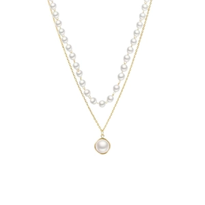Double-layer pearl choker necklace featuring a golden chain with a large pearl pendant