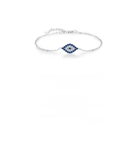 Macro shot of S925 sterling silver evil eye bracelet with blue and white crystals