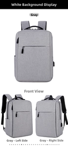 Three-view display of gray business laptop backpack with side USB charging port