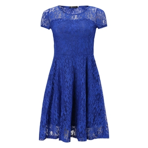 Detail of royal blue lace dress showing intricate crochet texture and slim fit waistline