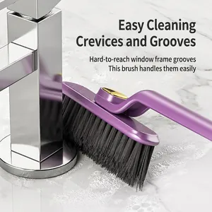 Rotating purple crevice cleaning brush with long handle for bathroom and kitchen faucet