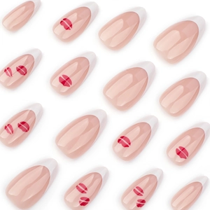 French white tip almond fake nails with red lip prints on nude pink base finish