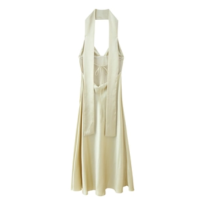 Champagne gold satin maxi dress with halter neck and back tie design on white background