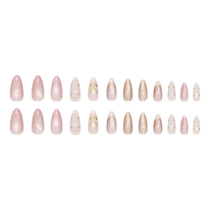 Lot de 24 faux ongles œil de chat roses avec motifs fleurs dorées et pois, forme amande