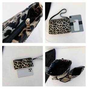 Detailed interior of leopard print tote bag set showing large capacity for tablets