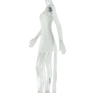 Detail of white off-shoulder bodycon dress with side slit and matching long sleeve glove