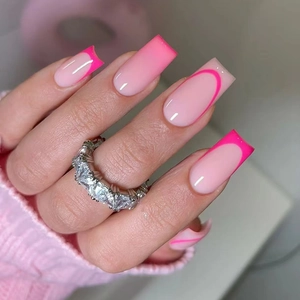 Rose Red French Tip Gradient Pink Square Long Press On Nails Artificial Fake Nail Tips Manicure Decor Accessory