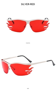 Detail view of silver flame sunglasses with red lenses from front and side angles