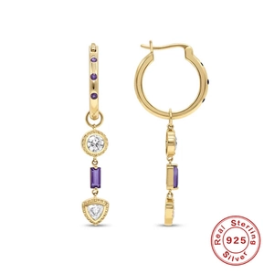 Elegant 925 Sterling Silver Purple Crystal Geometric Dangle Earrings Gold Plated Zirconia Drop Earrings For Women Fashion Jewelry