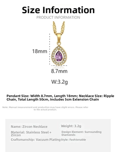 Tableau des tailles détaillé du pendentif goutte en zircone avec chaîne en acier de 50cm