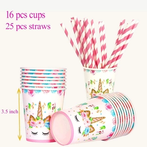 Close-up of 16 unicorn-themed party paper cups and 25 pink striped straws for birthday