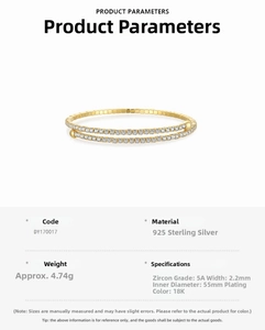 Detailed size specifications of S925 sterling silver gold bracelet with 5A zircons