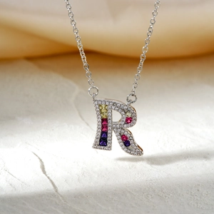 Elegant letter R pendant necklace with multicolored gems and cubic zirconia
