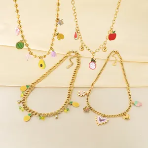 Collier Pendentif Fruits En Émail Acier Inoxydable Plaqué Or Ananas Fraise Chaîne Cubaine Bijoux Pour Femmes