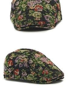 Detail of floral jacquard ivy cap with retro rose pattern and adjustable metal buckle