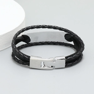 Minimalist double-layer black braided leather bracelet with polished silver metal plate