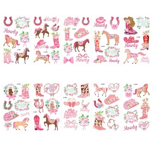 Pink cowgirl theme temporary tattoos with flowers and boots for birthday parties, 10 sheets