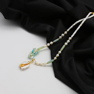 Baroque pearl and amazonite long beaded necklace with irregular pearl pendant on silk
