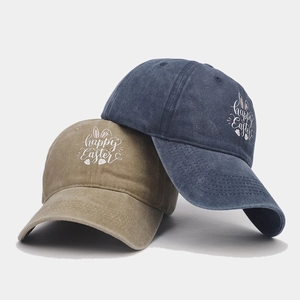 Casquettes de baseball vintage en coton kaki et bleu avec imprimé lapin Happy Easter