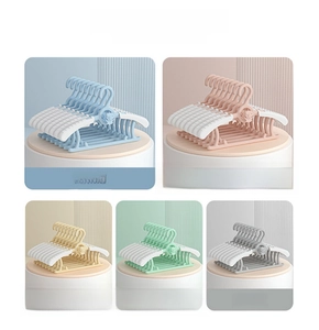 Close-up of adjustable non-slip kids hangers showing five pastel colors in a grid view