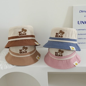 Kids Bucket Hat Corduroy Color Block Bear Letter Patch Casual Windproof String Toddler Autumn Winter Sun Protection