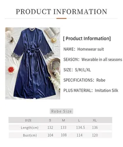 Detailed size chart for women's V-neck imitation silk long bathrobe with lace sleeve trim