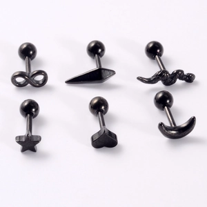 Detailed set of six black stainless steel ear studs with snake, star, and moon shapes