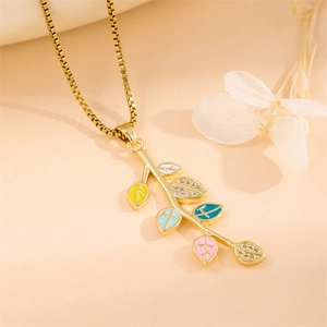 Elegant gold leaf pendant necklace with colorful enamel and sparkling zircons on box chain