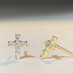 S925 sterling silver cross moissanite stud earrings in gold finish with clear stones