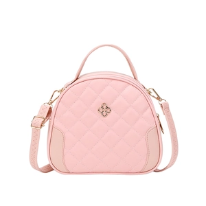 Elegant pink quilted PU leather handbag with clover metal ornament and adjustable strap