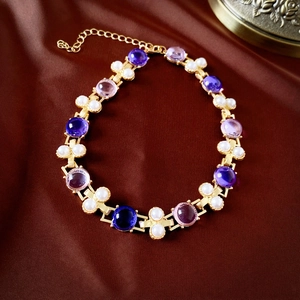 Collar Choker Estilo Palacio Vintage Con Gemas De Resina Púrpura Y Perlas Artificiales De Imitación Aleación Retro Francés Joyas
