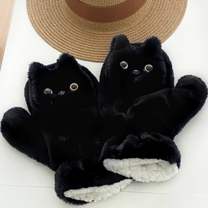 Cute black cat plush winter gloves with fleece lining and cat ears on white background